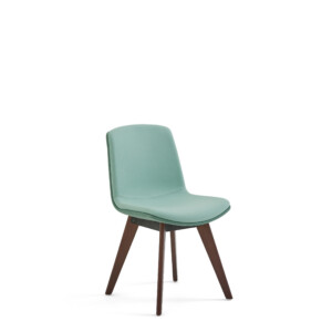 Green upholstered chair with wood legs and no armrests on neutral background