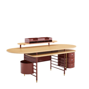 Modern wood desk with storage drawers and shelving on neutral background