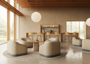 Modern lounge seating area with rounded armchairs and café bar