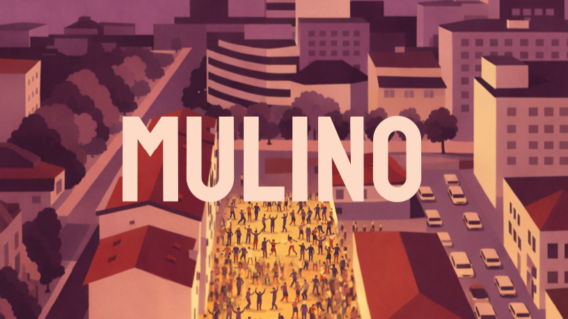 Illustrated cityscape poster with ‘MULINO’ text