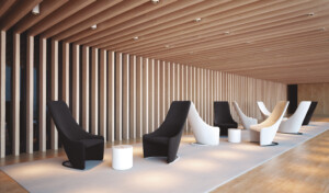 Nagi chairs arranged around coffee tables