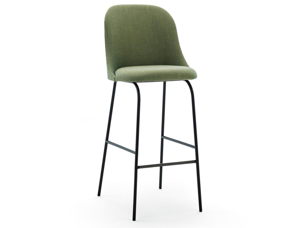 Green stool chair with black legs.