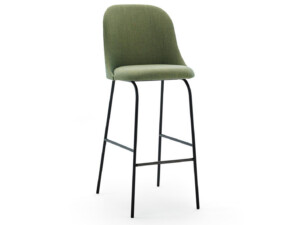 Green stool chair with black legs.