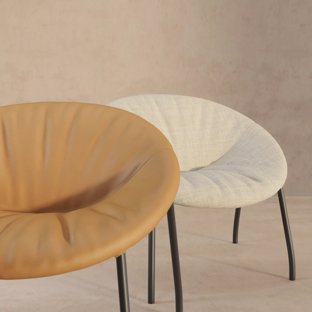 One yellow lounge chair next to a cream lounge chair displayed with a beige background.
