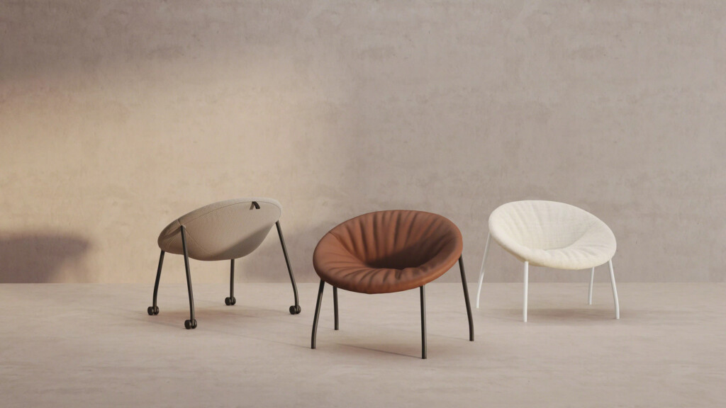Three multicolor lounge chairs displayed in a beige room.