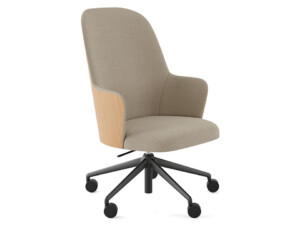 Beige lounge chair with swivel base.