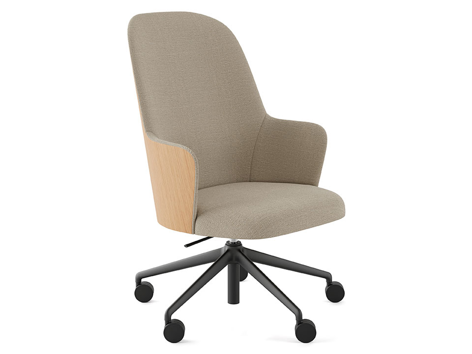 Beige lounge chair with swivel base.
