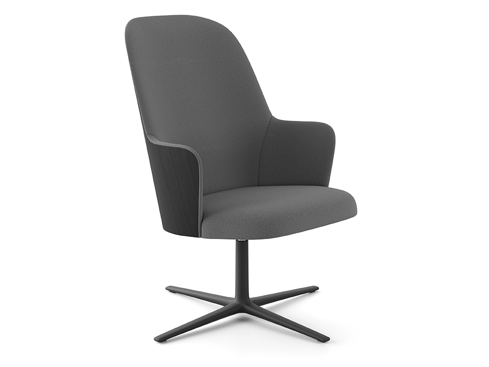 Gray lounge chair with swivel base.
