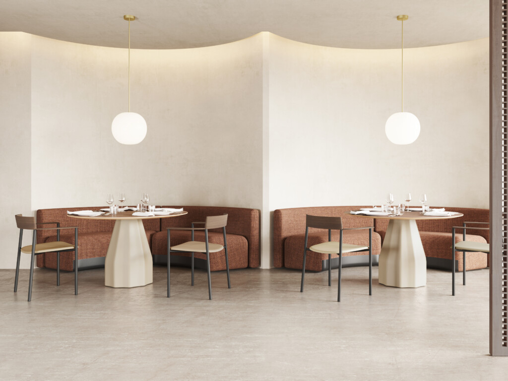 Perxa chairs around round tables in a lounge environment.
