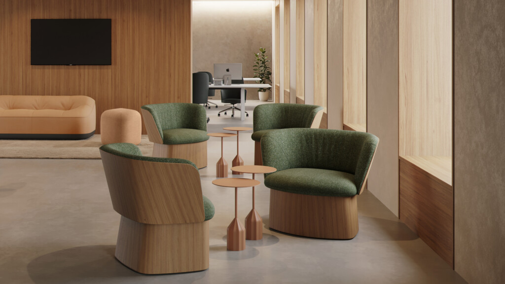 Upholstered manto chairs arranged around coffee tables.